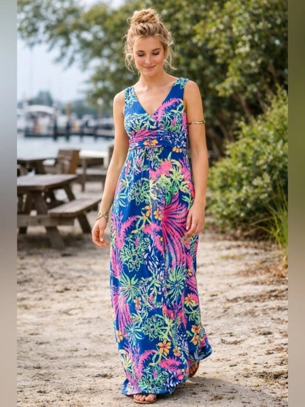 Lilly Pulitzer Sloane Maxi Dress Sz M Indigo All A Glow Tropical Resort Vacation